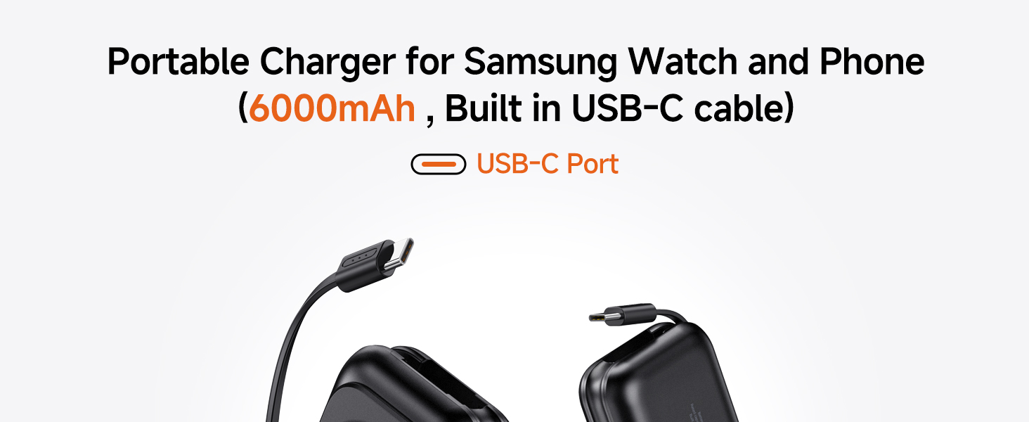 Portable charger for Samsung Watch and Phone. 6000mAh capacity with built-in USB-C cable. Features USB-C port and two charging connectors for different devices.