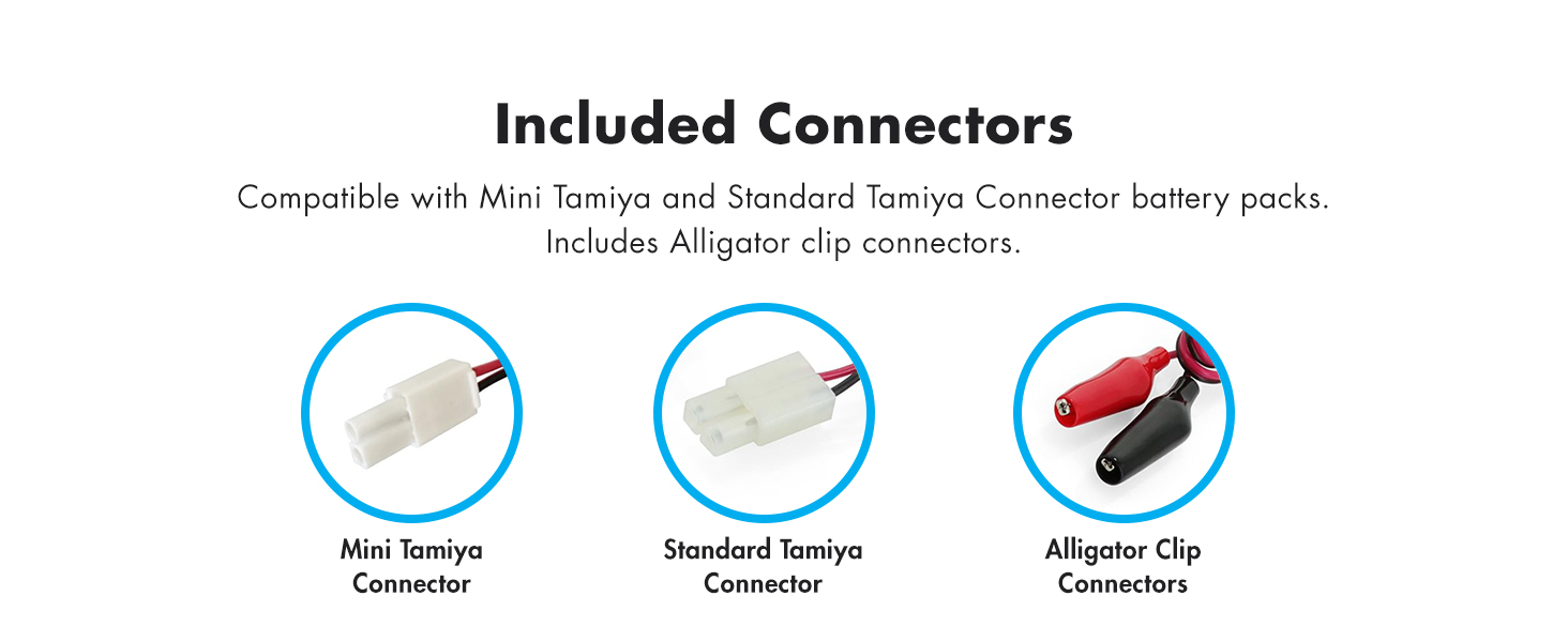 Includes mini Tamiya, standard Tamiya, and alligator clip connectors