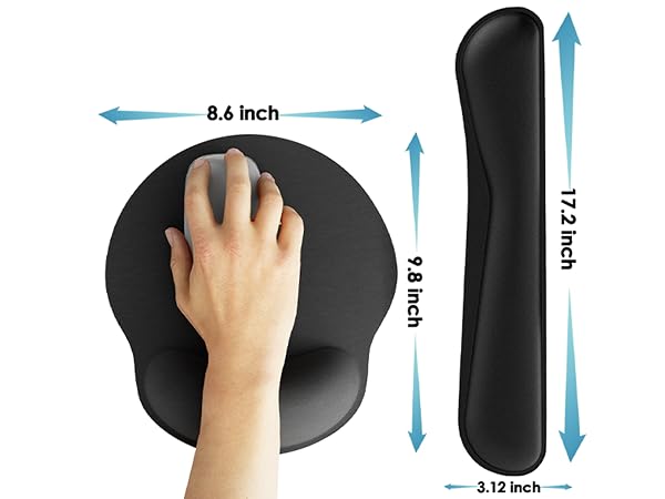 17.2 x 3.12 x 0.9 inches keyboard wrist rest pad and 9.8 x 8.6 inches ergonomic mouse pad.