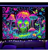 Nuxovilar UV Reactive Tapestry – Skull and Mushroom Scene Blacklight Wall Hanging, Enchanted Fore...