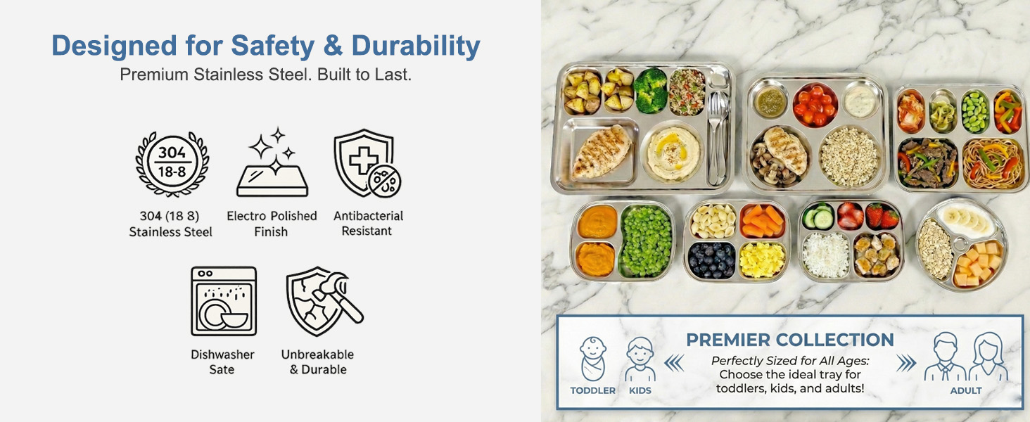 Premium stainless steel divided tray with electropolished finish, antibacterial and dishwasher safe.