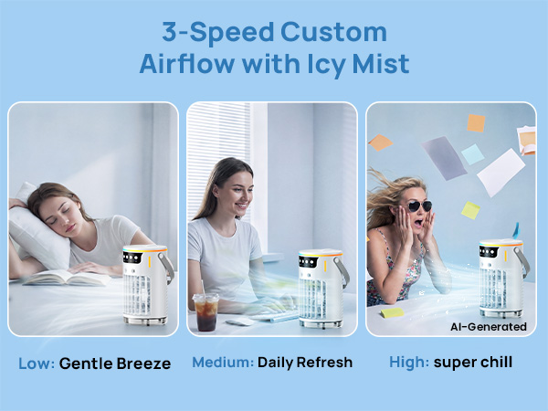 mini ac portable with 3 adjustable speeds: gentle breeze, daily refresh, and strong airflow