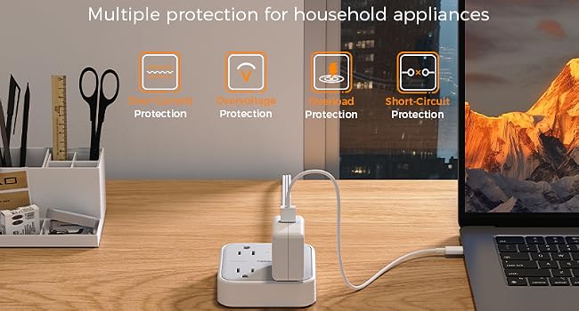 Ultra Thin Flat Extension Cord 5 FT, TESSAN Slim Power Strip with USB Ports