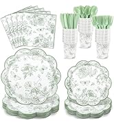 NatNarr 175 Pcs Sage Green Floral Plates and Napkins 25 Guest Scalloped Toile Chinoiserie Party S...