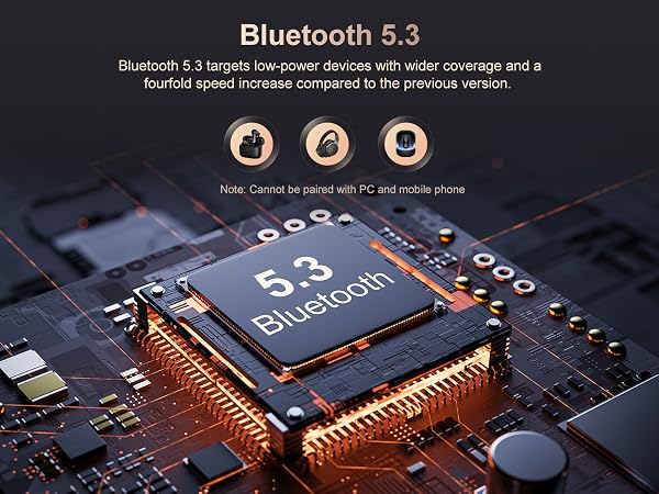Close-up of a circuit board featuring Bluetooth 5.3 chip with copper heatsink and electronic components, highlighted by blue technical overlay graphics.