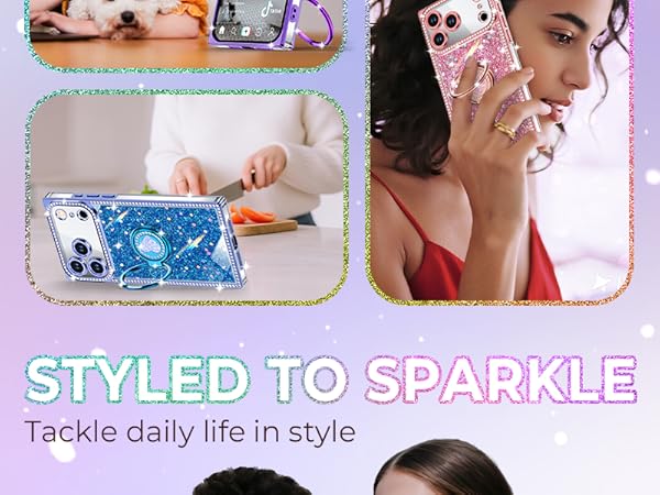 XYZ for iPhone 17 Pro max Case, Glitter Bling Phone Cover with 2-Ring Heart Stand & Lanyard