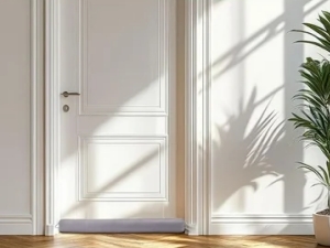 Bright, airy interior space with large windows, white walls, and indoor plants. Natural sunlight casting geometric shadows.
