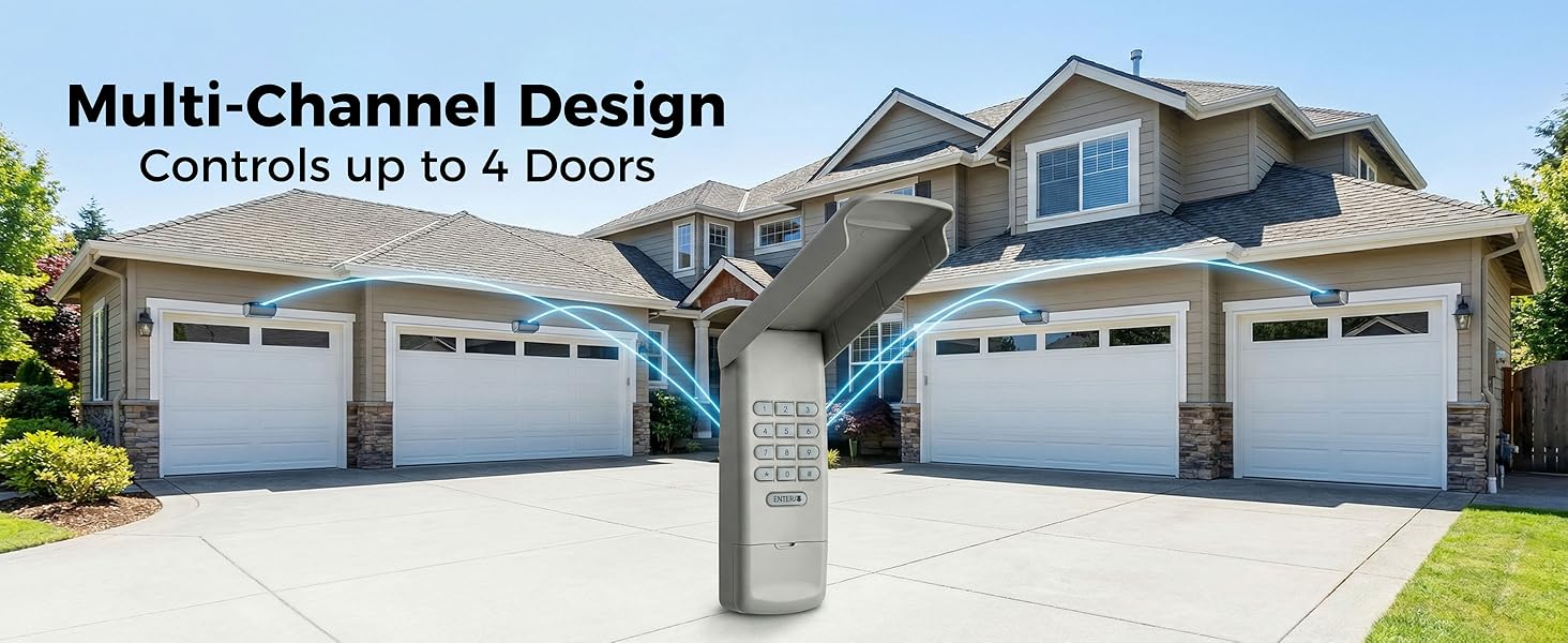 Universal garage door keypad controlling up to 4 different garage door openers Consolidate remotes