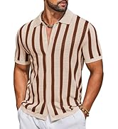 COOFANDY Men's Knit Shirts Short Sleeve Button Down Polo Shirt Striped Casual Summer Beach Shirts