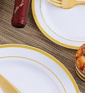 125 Count Gold Plastic Plates Include 25 Plastic Dinner Plates 25 Disposable Dessert Plates & Gol...