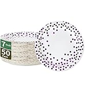 CENLBJ White & Purple Gold Dot Party Paper Plates, 50 Disposable Party Supplies Dessert Paper Pla...