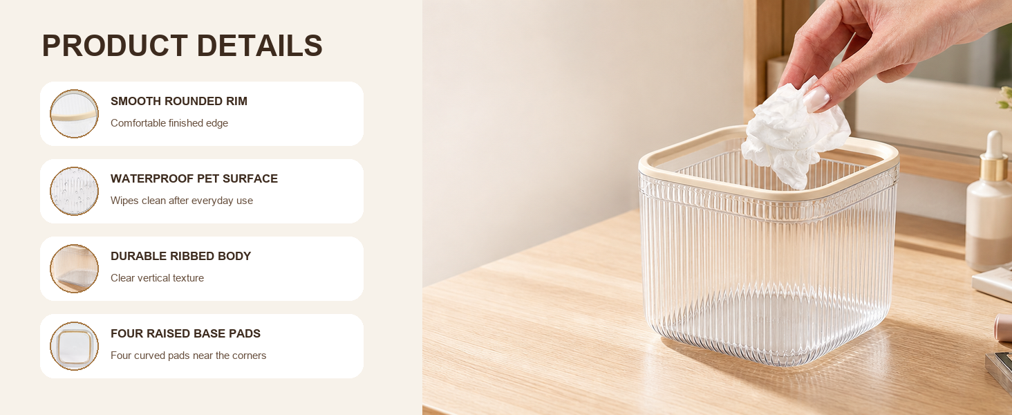 Clear PET desktop trash can with rounded rim, waterproof surface, ribbed body and raised base pads