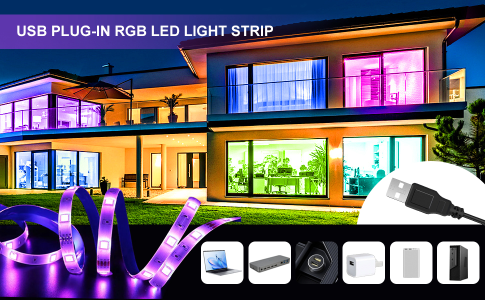 USB-powered RGB LED light strip shown illuminating modern house exterior with multicolored lights, including control icons and installation examples.