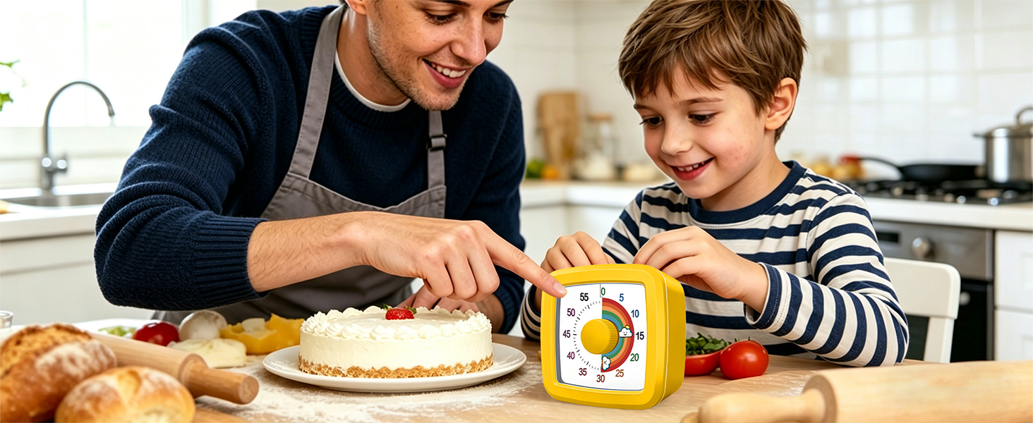 Adult and child decorating a cake in a kitchen. Adult wears dark blue jacket, child wears striped shirt. Yellow clock visible on counter. Warm, domestic scene of baking activity together.