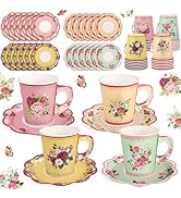 24 Sets Vintage Floral Tea Party Cups 7 OZ Disposable Paper Tea Cups with Handle and Plates Teacu...
