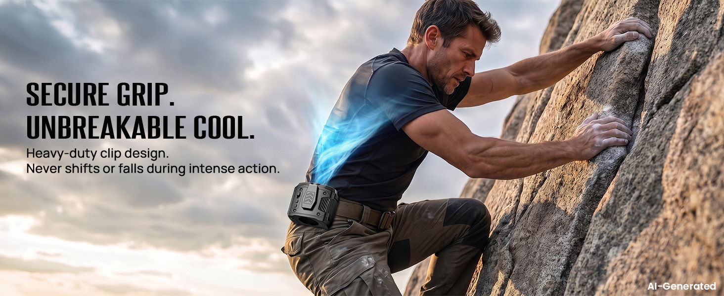 Secure clip on waist fan stays locked on the belt during climbing, bending, and motion