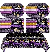 Purple and Black Birthday Decorations,Disposable Party Tableware include Happy Birthday Plates Na...