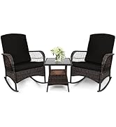 LEVELEVE 3 pcs Rocking Bistro Set Conversation Chairs PE Wicker Outdoor Rocking Chairs & Glass Ta...