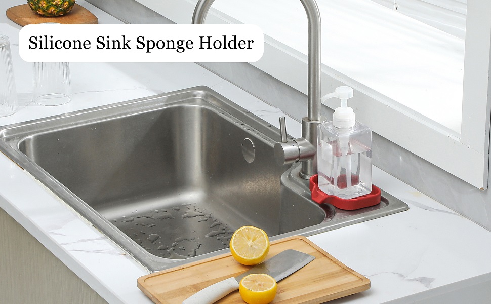 red soap dish with drain on kitchen sink