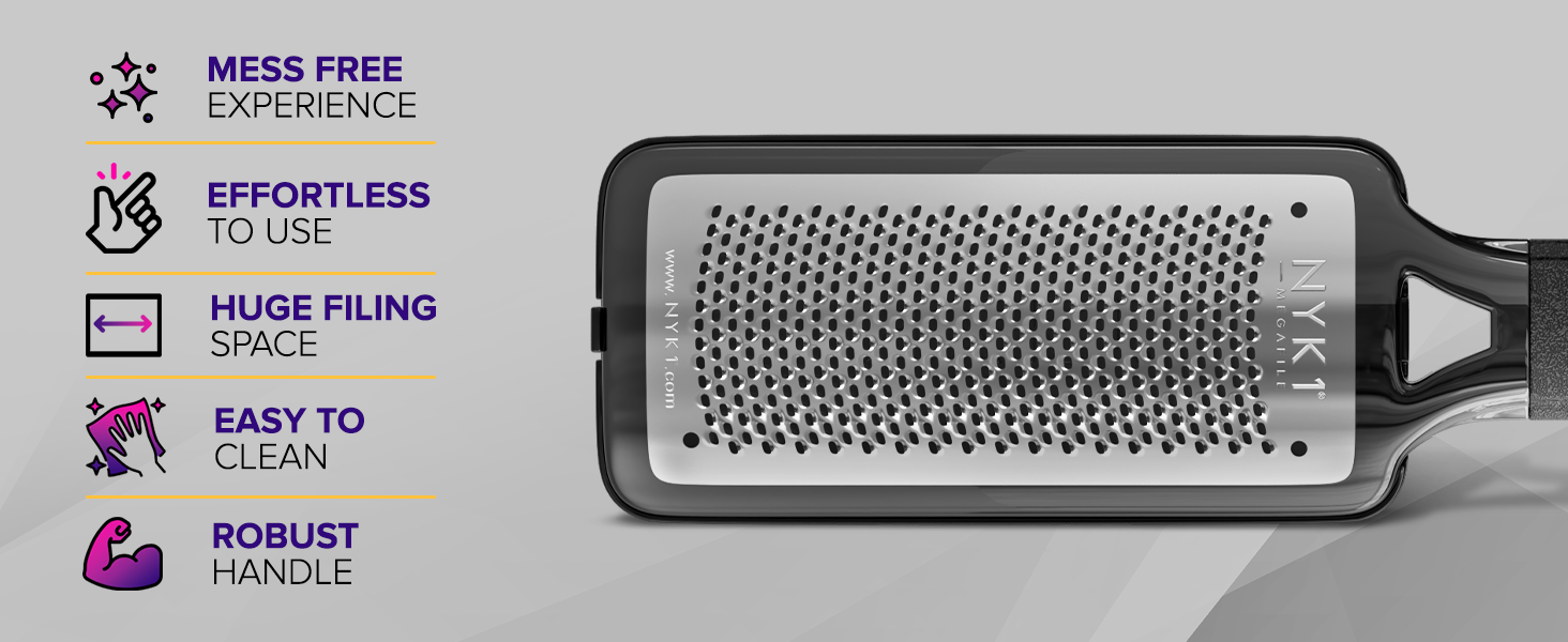 Rectangular grater with handle and perforated surface. Icons highlight features: mess-free, effortless use, huge grating surface, easy to clean, and comfort handle.