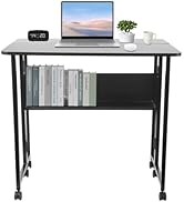 mignonnememe Folding Desk Mobile Standing Desk with Storage Shelf Small Computer Desk Rolling Des...