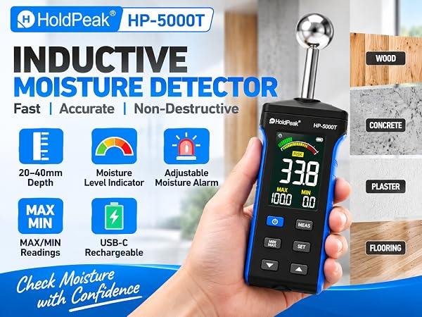 Text reads 'HoldPeak HP-881D INDUCTIVE MOISTURE DETECTOR Rapid Accurate Portable with features: Moisture Alarm, LED Display, Data Hold, Light Indicator.' Digital moisture detector handheld device with LCD screen displaying 33.9, blue and black casing, shown in hand with product packaging visible.