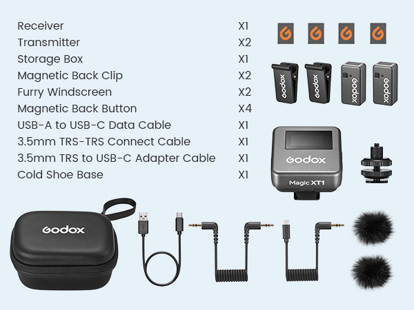 Godox camera accessories kit displaying transmitters, cables, windscreens, and storage case with detailed component listing and quantities.