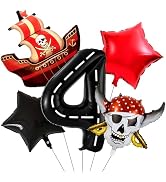 40 Inch 4 Balloon Number, Pirate Balloons, Red and Black Balloons, Star Foil Balloon Number 4 Bal...
