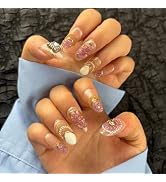 AKA Unicorn Handmade Press On Nails Medium Oval,Gold Chain&Pearl French Nail Tip,10Pcs Acrylic Fa...