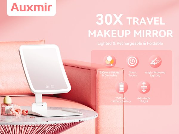 30X lighted travel makeup mirror, foldable, rechargeable with 3 color modes and adjustable height.