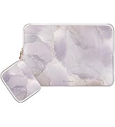 Laptop sleeve and matching pouch with light gray marble pattern. Gold zipper on sleeve. Arvox brand visible. Soft, padded appearance for device protection.