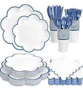 350 Pcs Dark Blue and White Paper Plates and Napkins Set, 10" White Dinner Plates with Blue Scall...