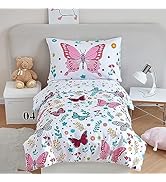 PERFEMET 4-Piece Girls Butterfly Toddler Bedding Pink Floral Toddler Bed Comforter Set Reversible...