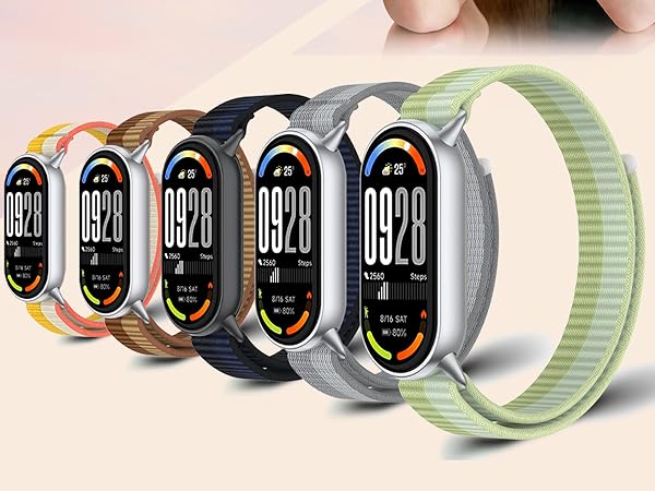 Text reads 'GOLD'. Product lineup showing multiple smart fitness tracking bands with screens displaying various health metrics and activity data in different color options.