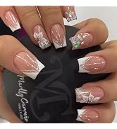 LBPEPAMZ 24Pcs Flower Press on Nails Short Square Fake Nails with 3D Star Rhinestones Design Silv...