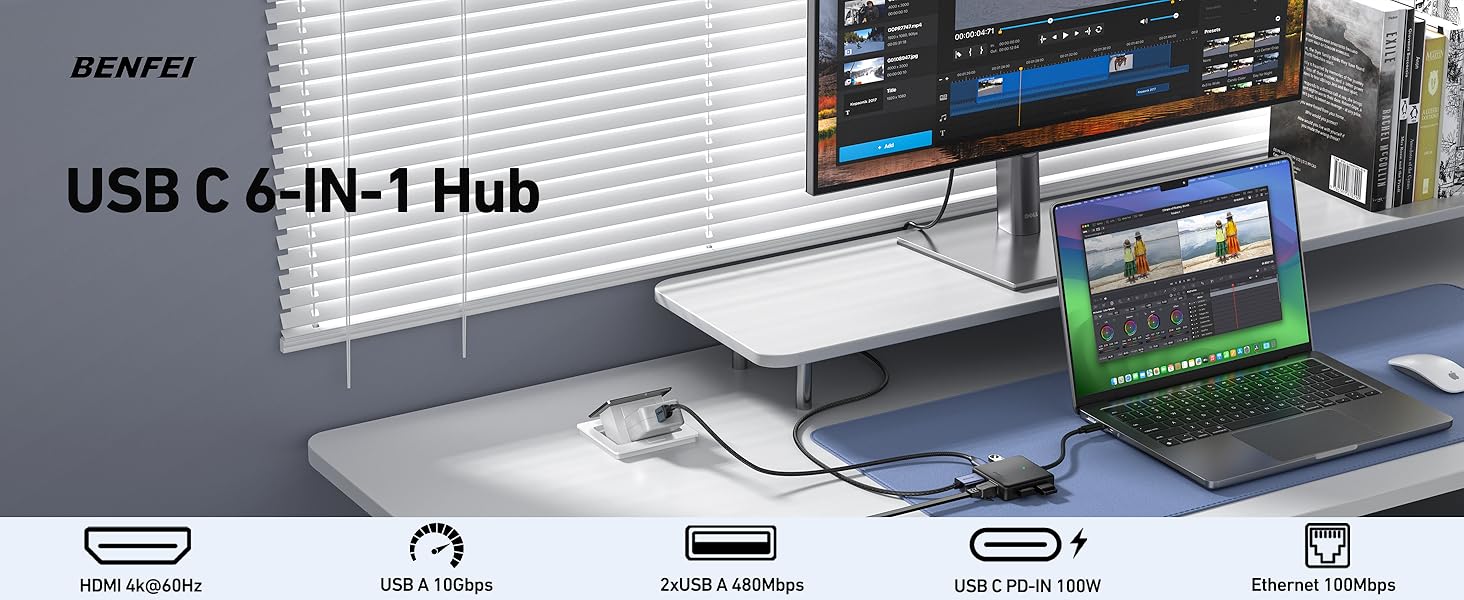 BENFEI USB C HUB 6in1 with HDMI(4K@60Hz), 100Mbps Ethernet, 100W PD, 1*USB 3.2 & 2*USB 2.0