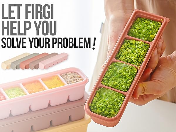 Firgi silicone baby food freezer tray with frozen vegetables and 5 color options