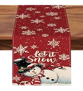 Croar Christmas Snowman Red Dining Table Runner, Xmas Let It Snow Snowflake Cardinal Burlap Kitch...