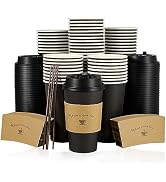 LITOPAK 100 Pack 16 oz Paper Coffee Cups for Hot Chocolate Drinks, Black Disposable Coffee Cups w...