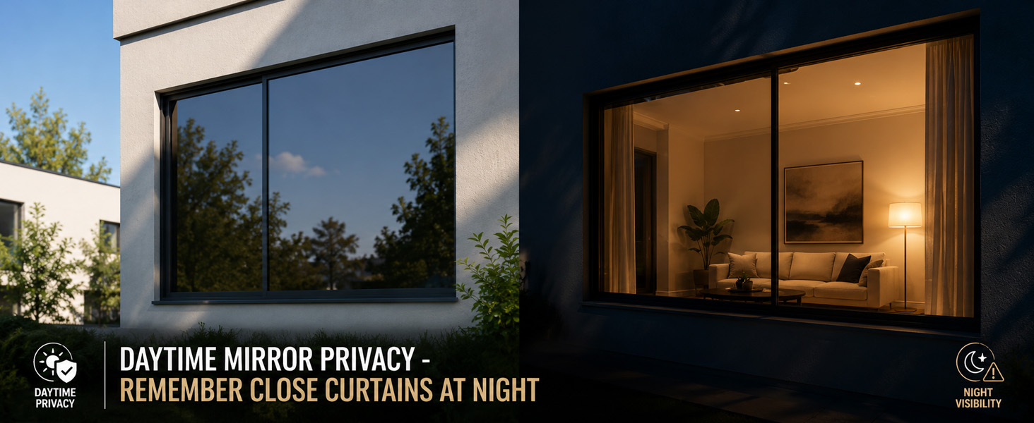 A window showing daytime mirror window film and clear night visibility.