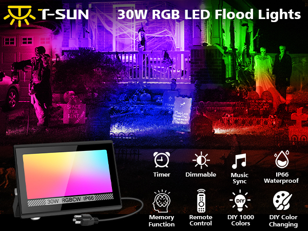 T-SUN 30W RGBCW LED Flood Lights Bluetooh and Remote-m