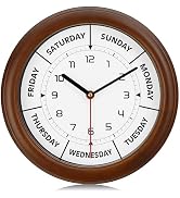Lafocuse Solid Wood Frame Day of The Week Clock Brown,Silent Non Ticking Day Clocks for Retiremen...