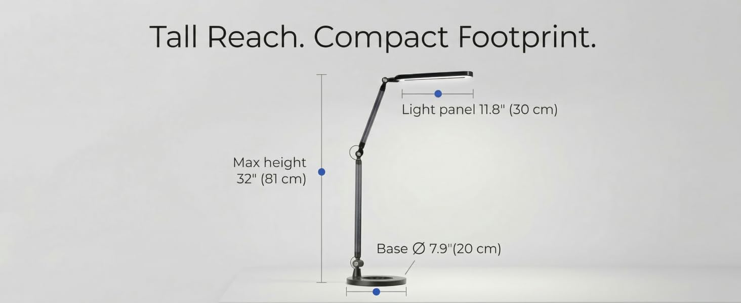 adjustable LED desk lamp showing dimensions with tall reach and compact base