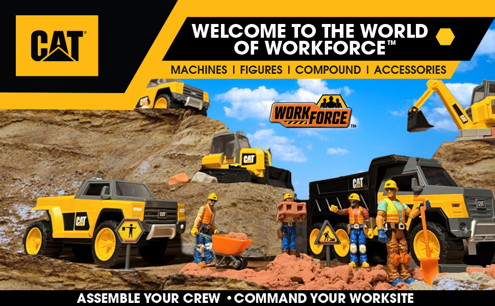 Cat construction vehicle toys and action figures show in a playset jobsite with an excavator