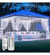 Curtain Lights Battery Powered 10*10Ft 300LED Waterproof Waterfall Light with 8 Modes Remote Dimm...