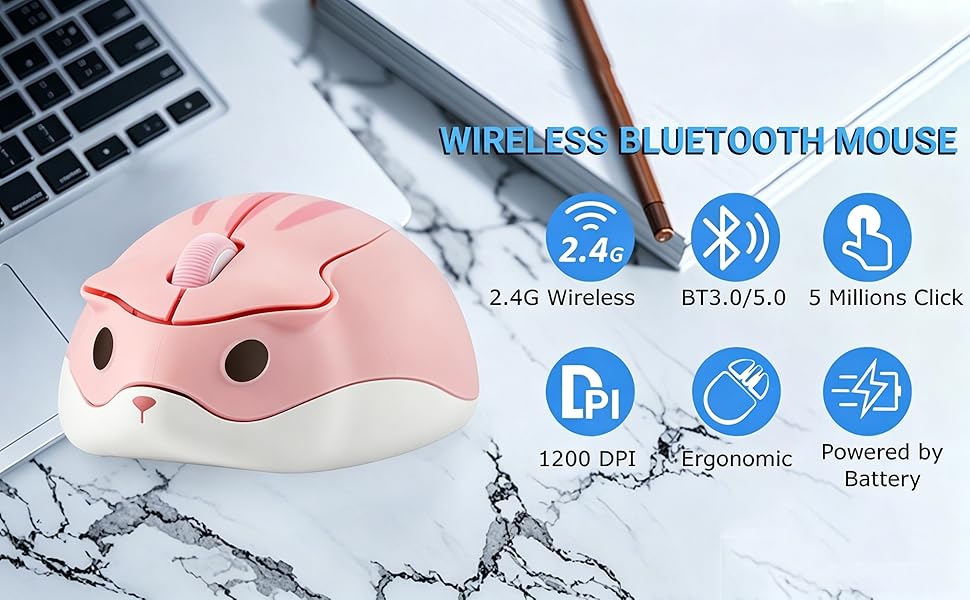 Wireless Mouse Cute Hamster Shape Silent Click Portable Men Women Adults School Office Work Gift