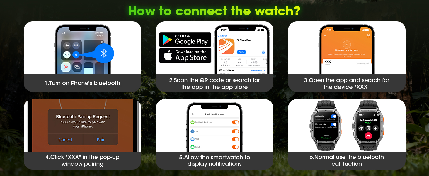 Text reads 'How to connect this watch?' followed by app store icons. Screenshot showing phone app connection interface with download buttons for smart device.