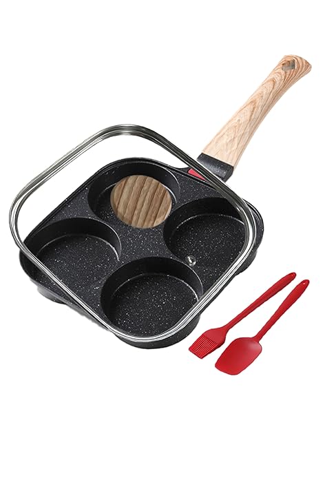 fry pan for eggs with 4 spots for eggs pancake with 1 spatula 1 brush black-gray mini pancake pan