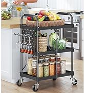 a kitchen cart with a basket of vegetables and spices