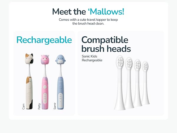 Text reads 'Meet the Mallows!' 'Rechargeable' 'Compatible' 'Brush heads'. Product lineup shows electric toothbrushes in white, pink and blue colors with replaceable brush heads and charging capabilities.